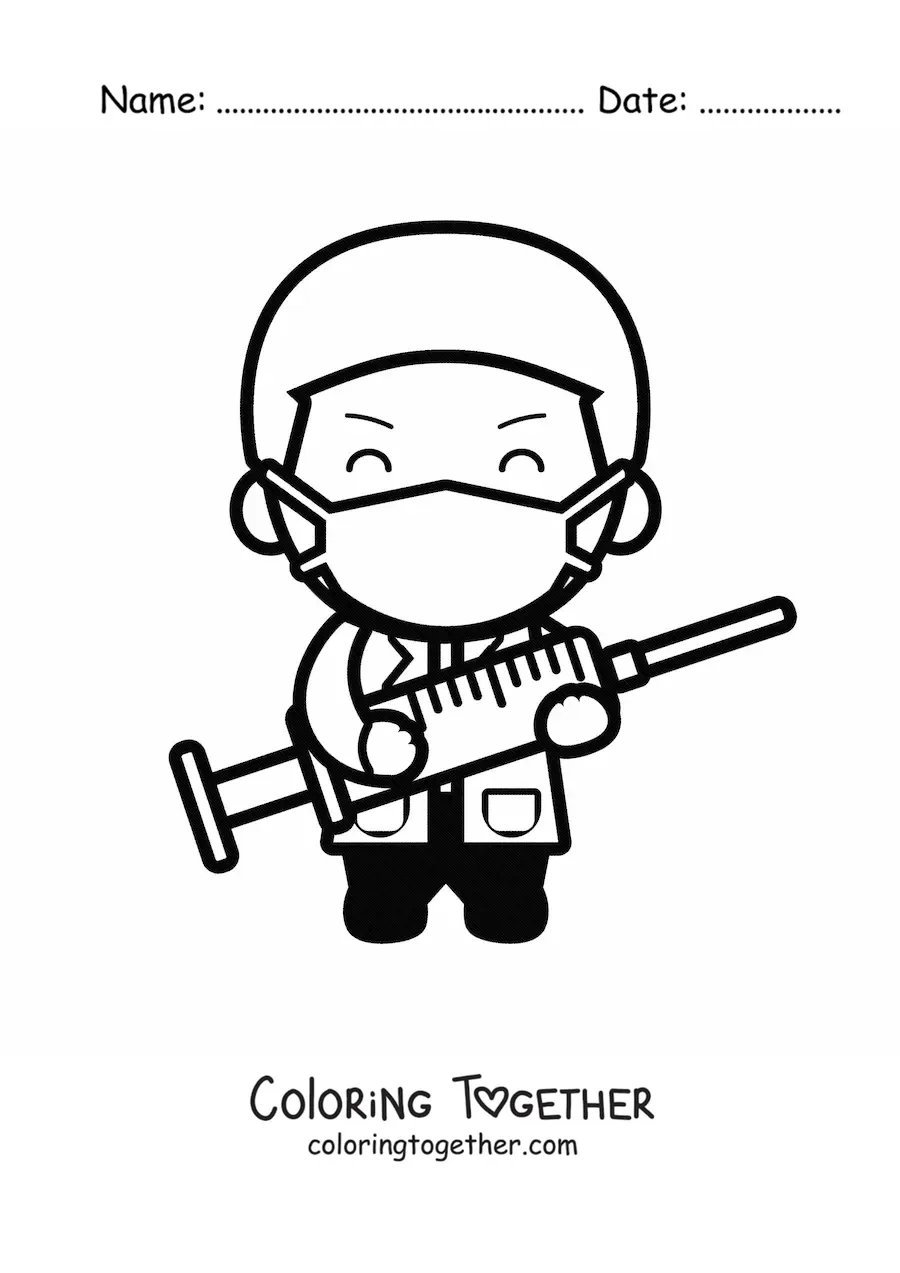 Coloring page of a kawaii doctor with a face mask holding a syringe