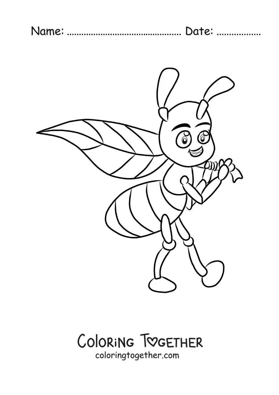 Coloring page of a cartoon ant carrying a leaf