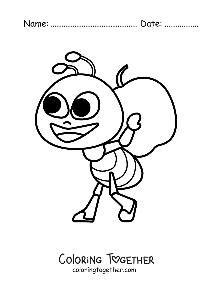 Coloring page of a cartoon ant gathering food