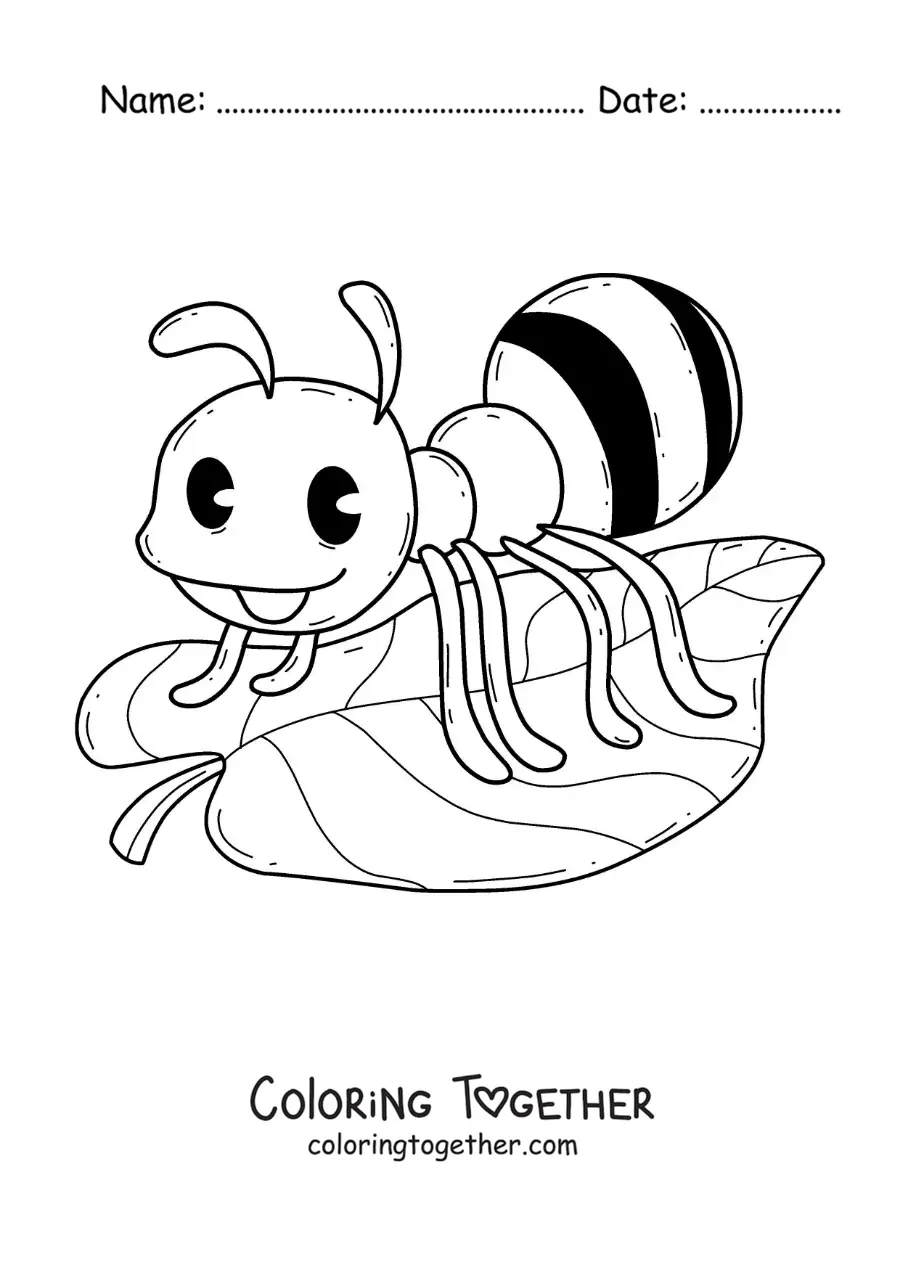 Coloring page of a cartoon ant on a leaf