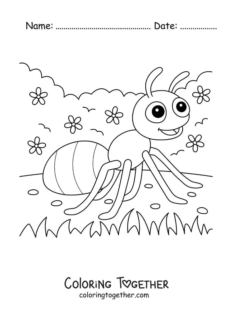 Coloring page of a cartoon ant in a garden