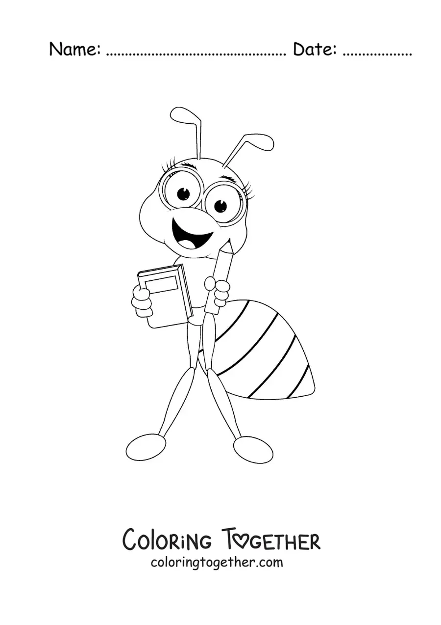 Coloring page of a studious cartoon ant