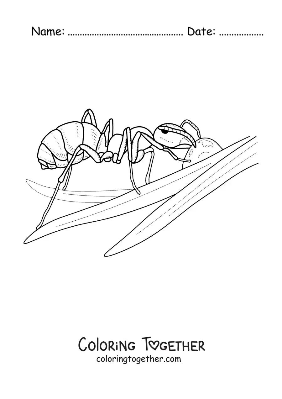 Coloring page of an ant working on a leaf