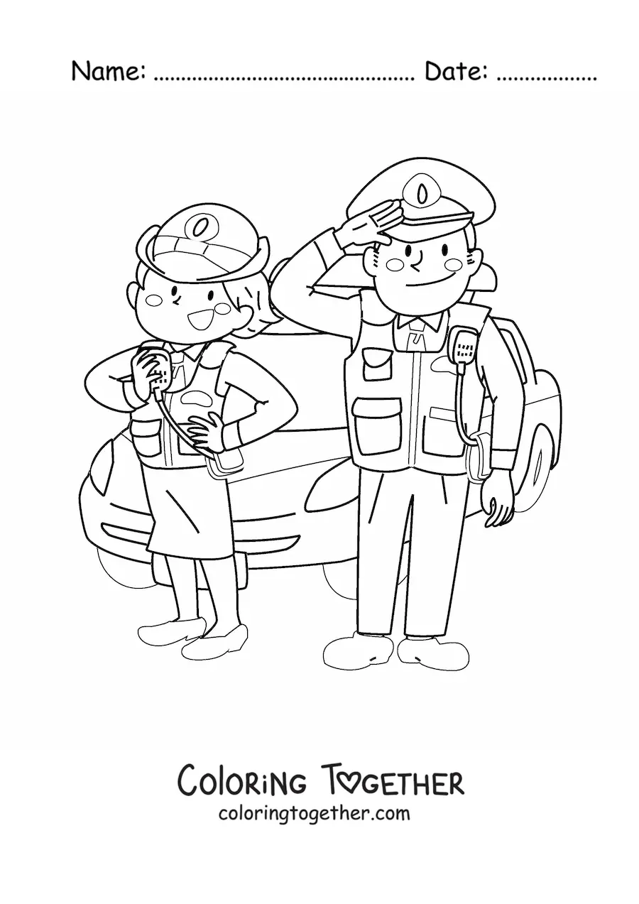 Coloring page of a couple of cartoon police officers next to a patrol car