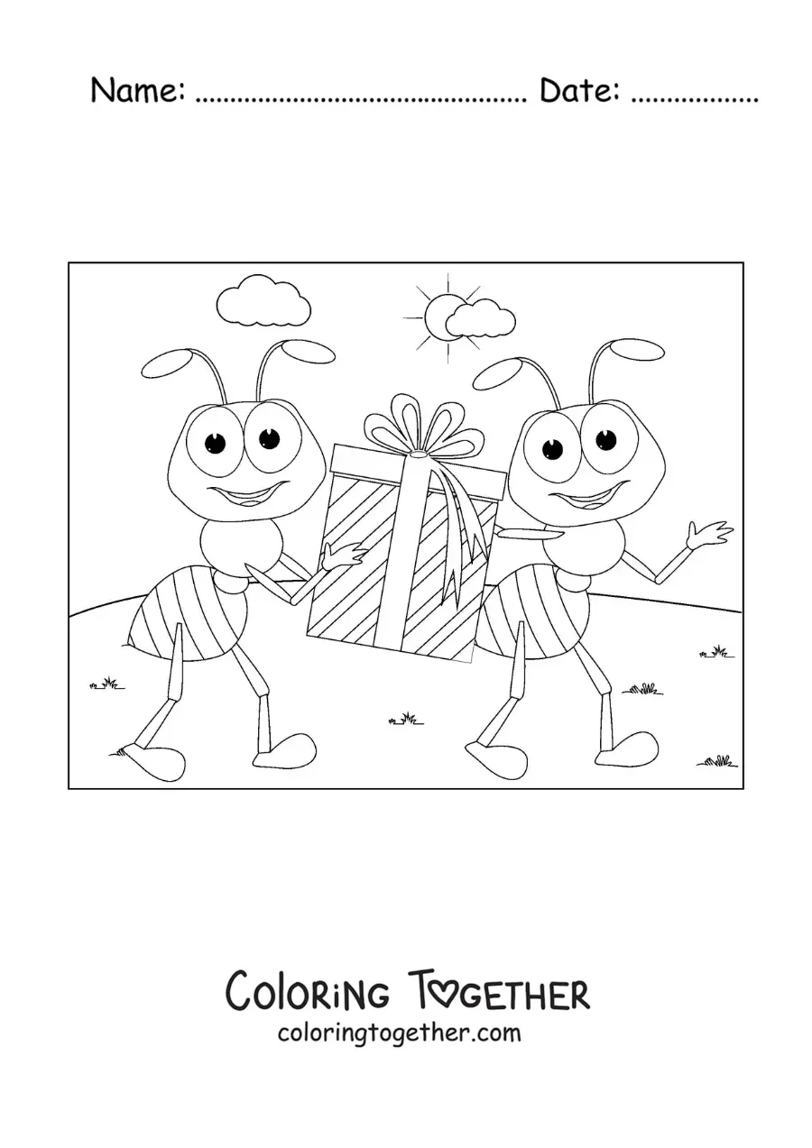 Coloring page of cartoon ants working as a team