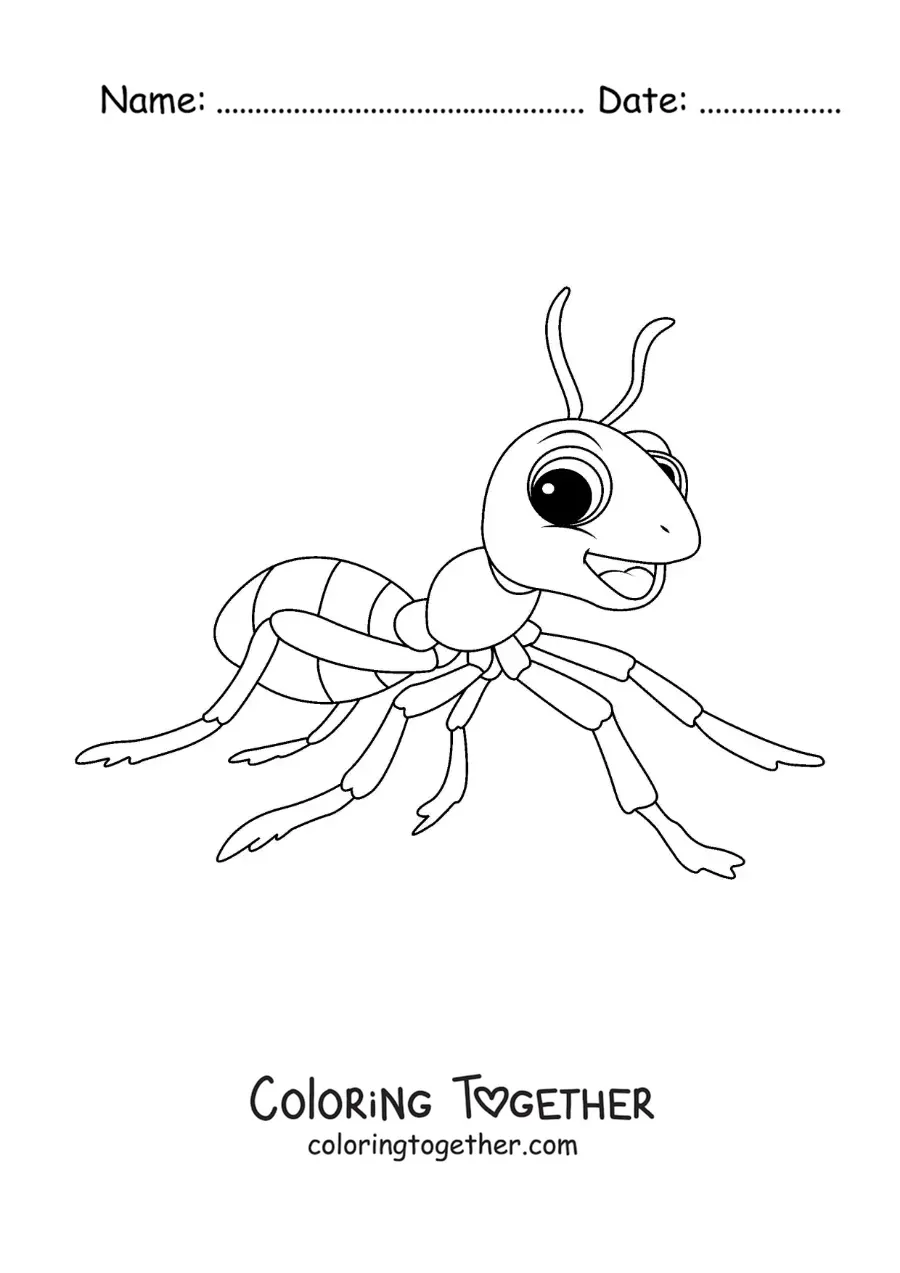 Coloring page of a happy cartoon ant
