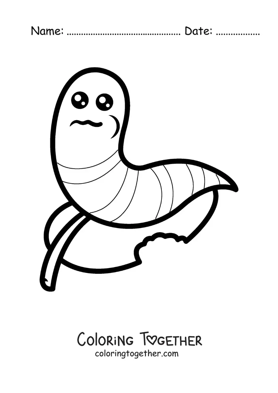 Coloring page of a cute kawaii worm eating a leaf