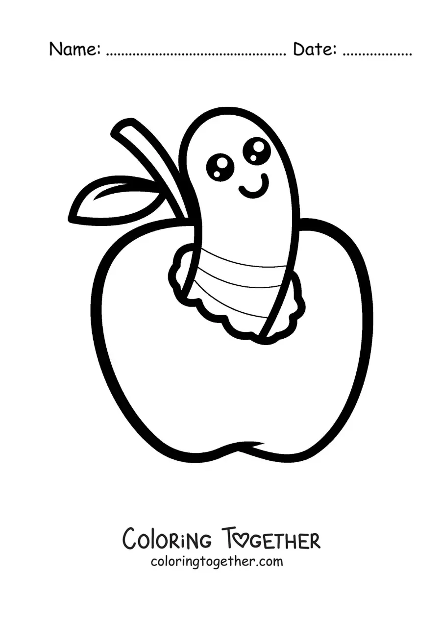 Coloring page of a little kawaii worm on an apple