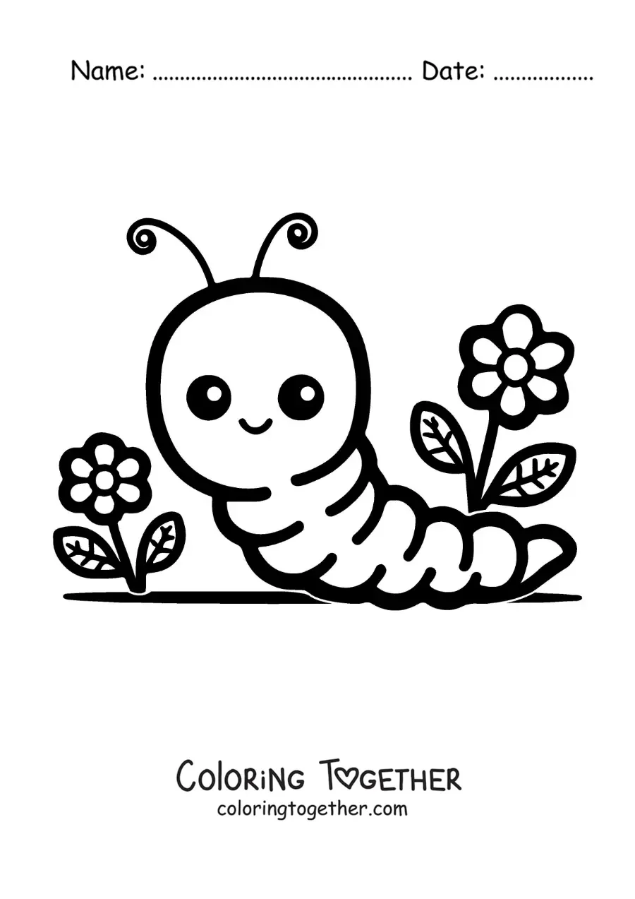 Coloring page of a kawaii cartoon earthworm with flowers