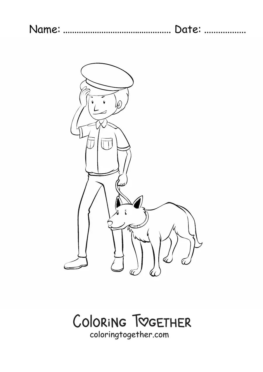 Coloring page of a police officer with a police dog