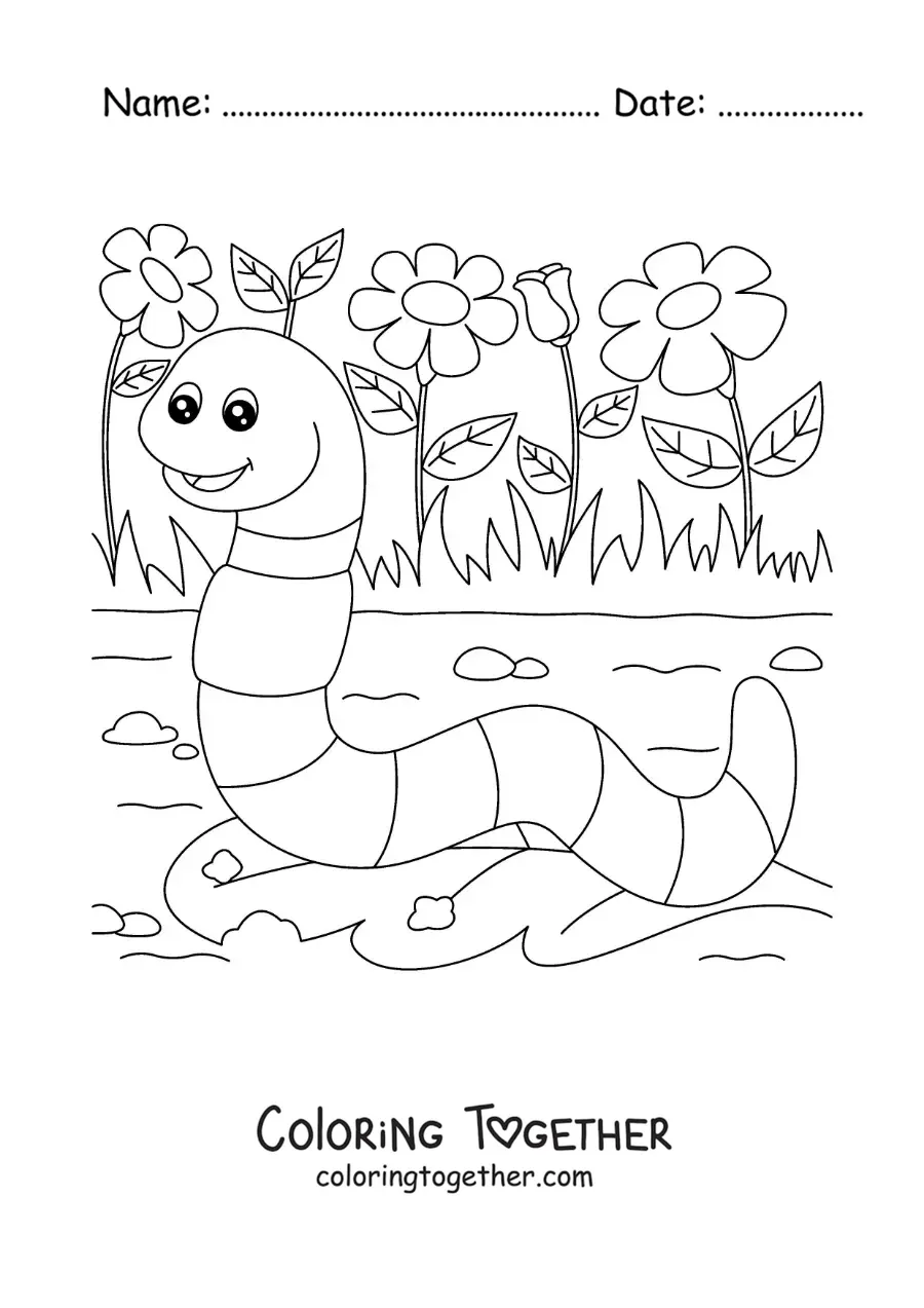 Coloring page of a cartoon earthworm eating a leaf