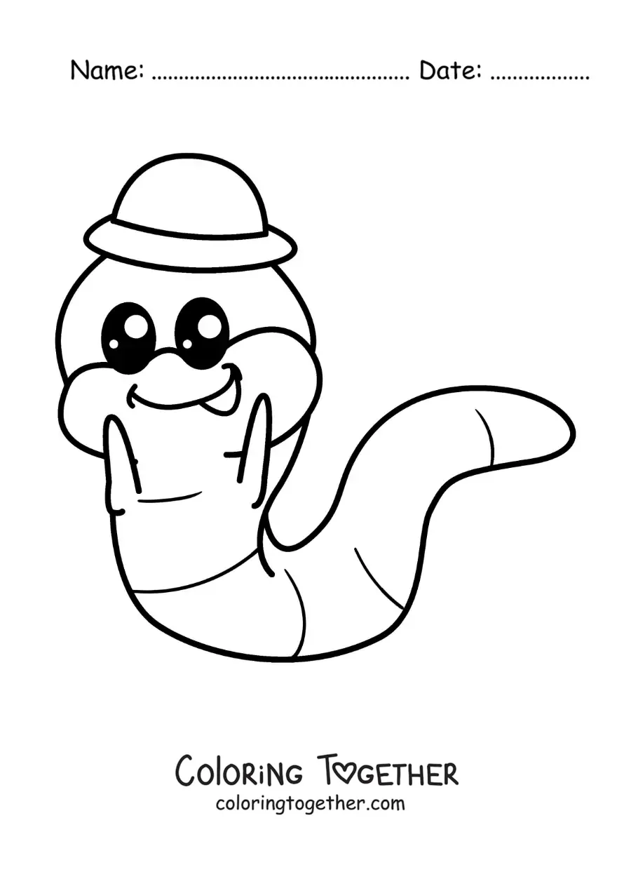 Coloring page of a funny kawaii earthworm with a hat