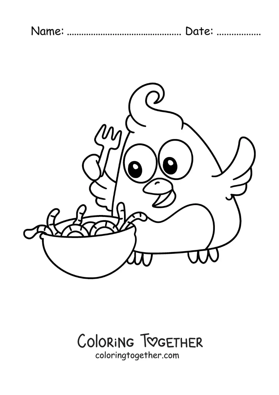 Coloring page of a cartoon bird eating a plate of worms
