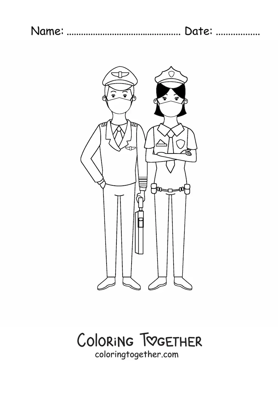 Coloring page of a couple of police officers with face masks