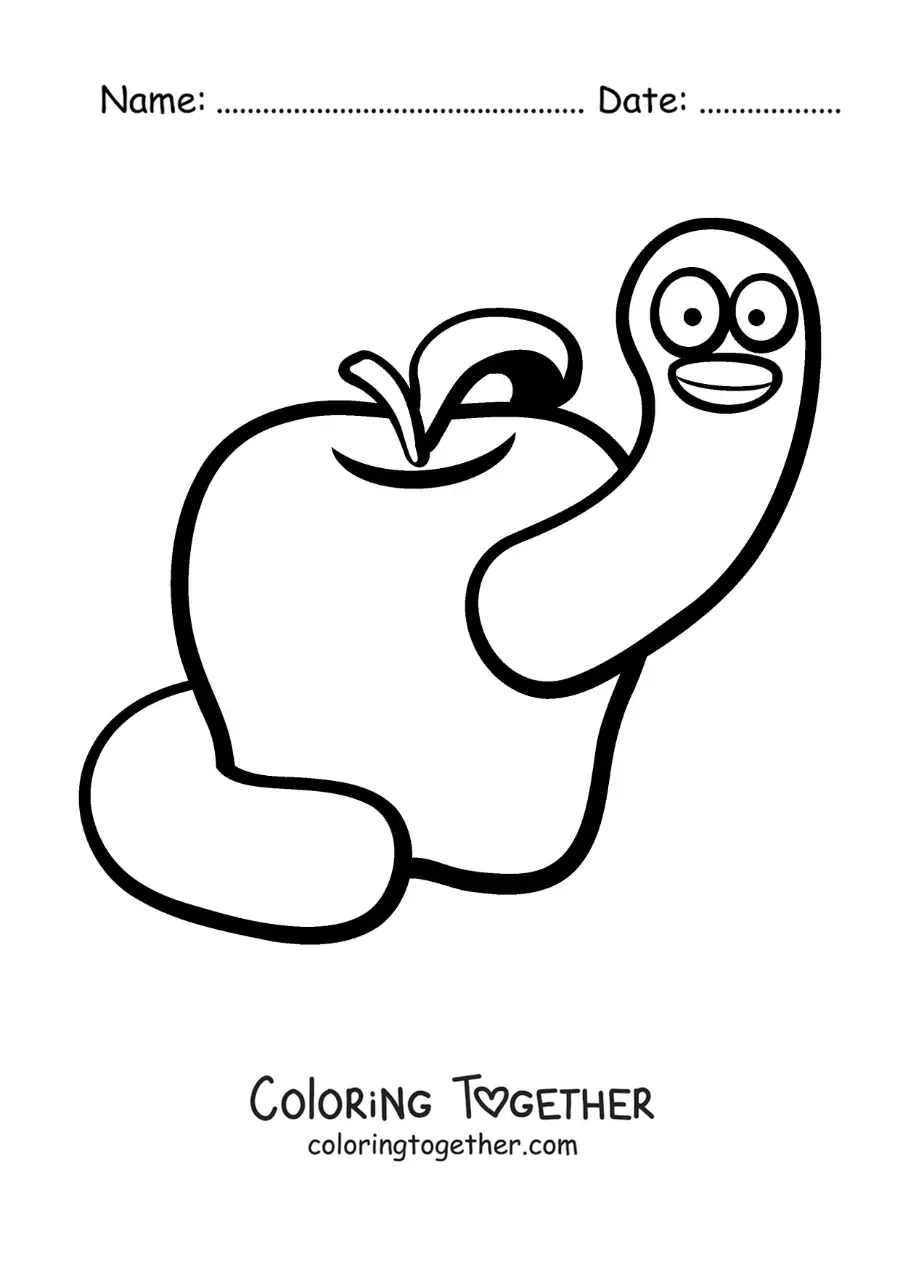 Coloring page of a cartoon worm in an apple