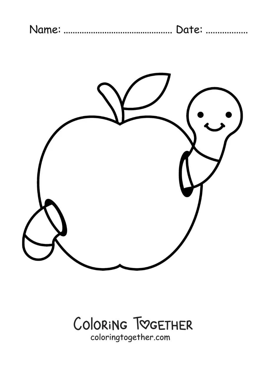 Coloring page of an easy cartoon worm in an apple