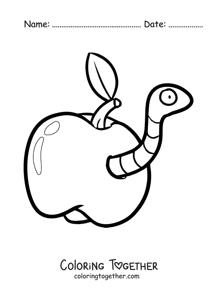 Coloring page of a funny cartoon worm in an apple