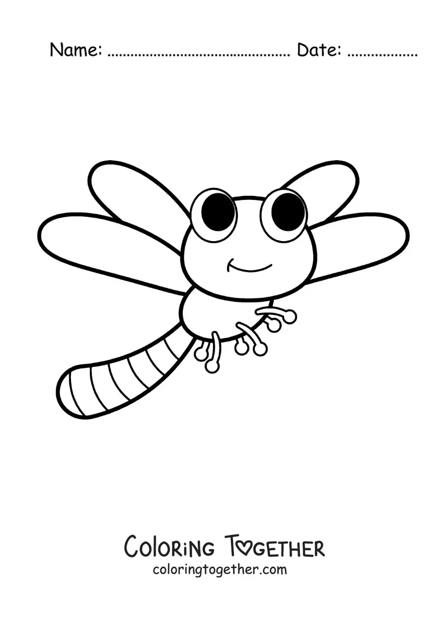 Coloring page of a cartoon dragonfly flying