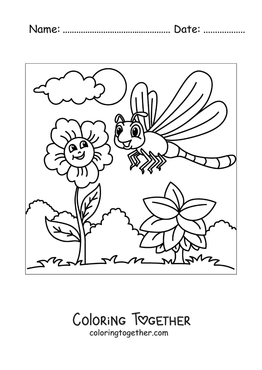 Coloring page of a cartoon dragonfly next to some flowers