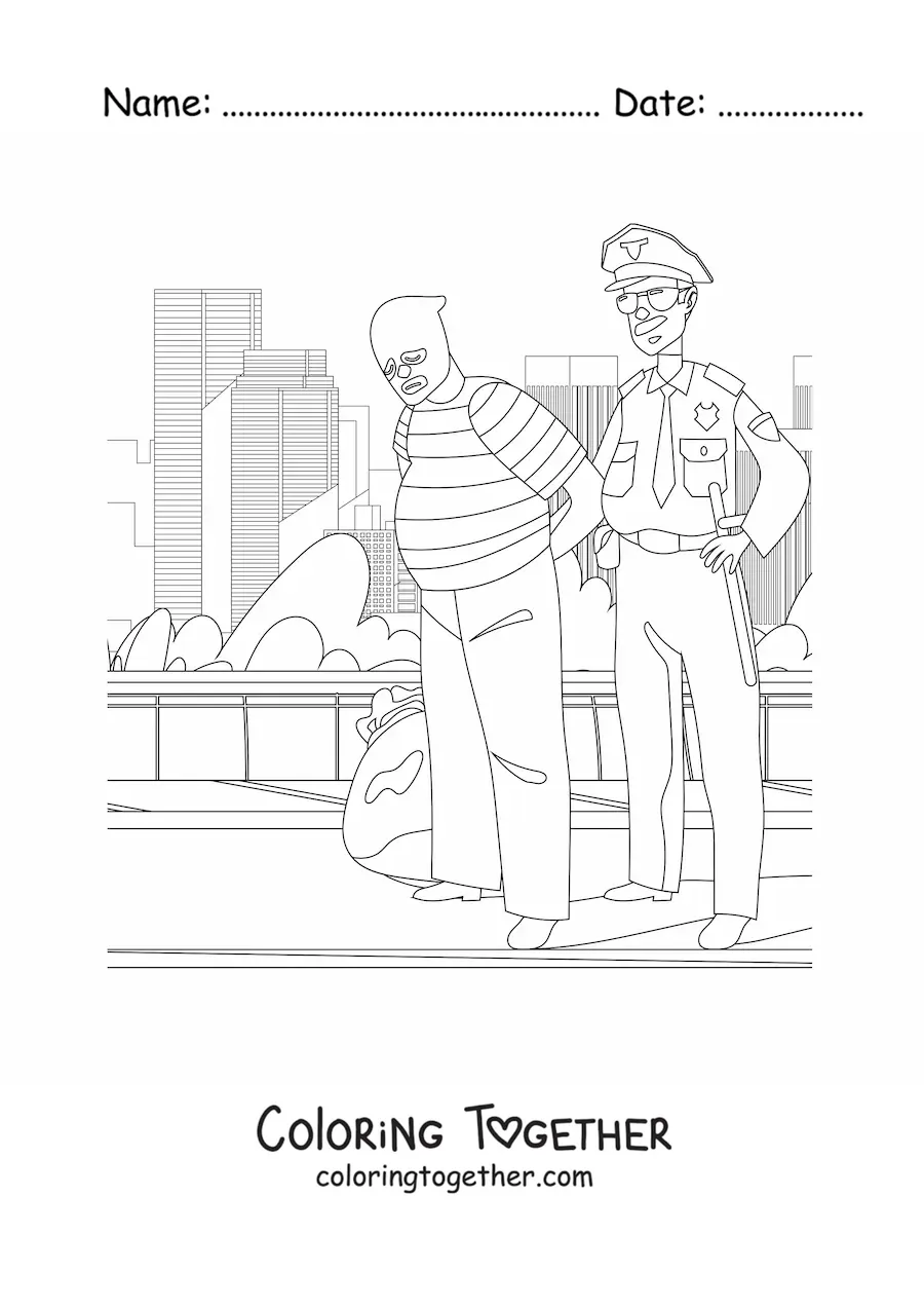 Coloring page of a police officer arresting a thief