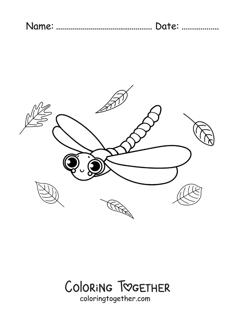 Coloring page of a beautiful cartoon dragonfly flying with leaves