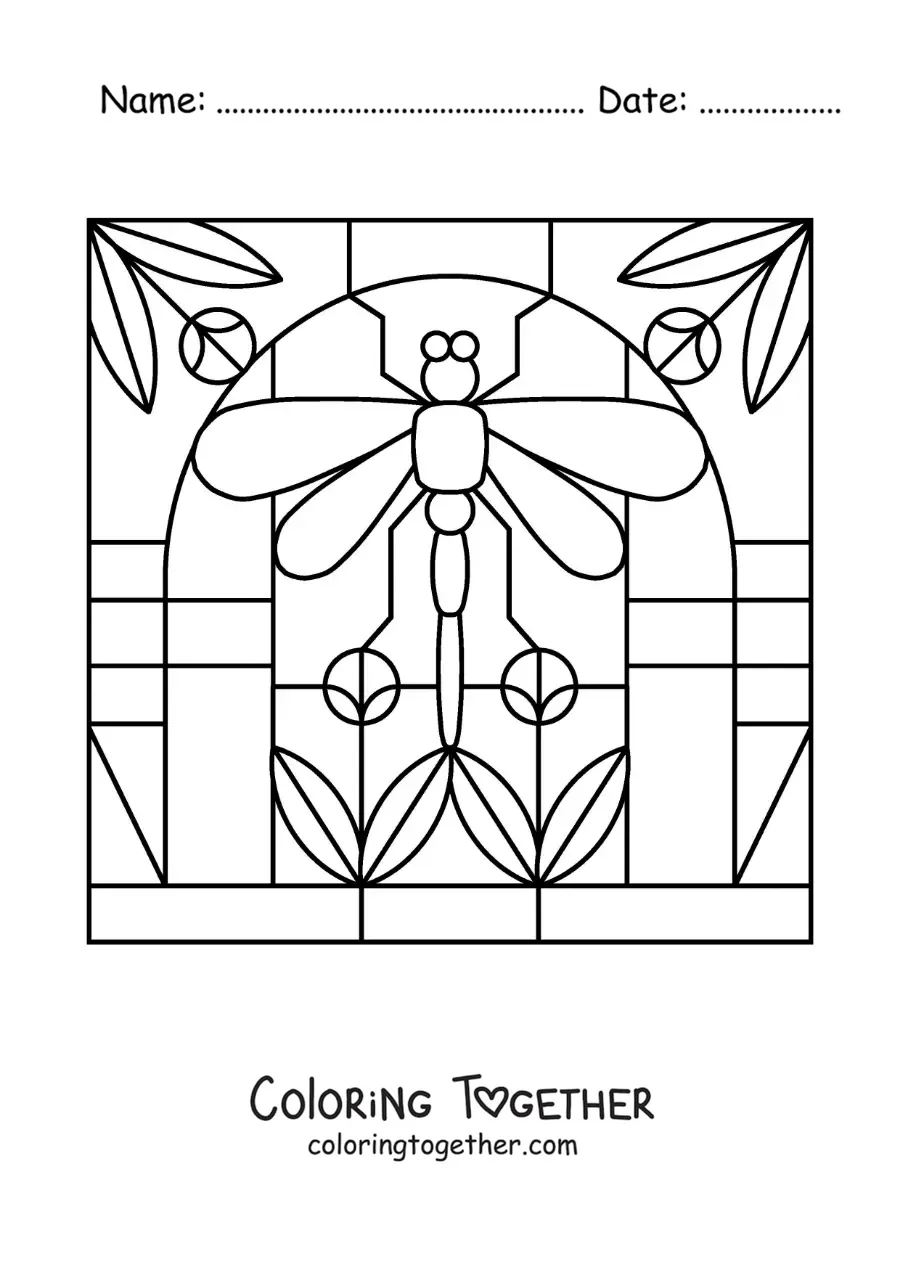 Coloring page of a stained glass window with a dragonfly and flowers