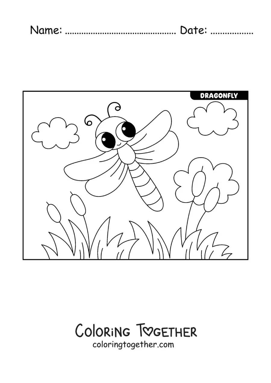Coloring page of a kawaii dragonfly flying in a garden