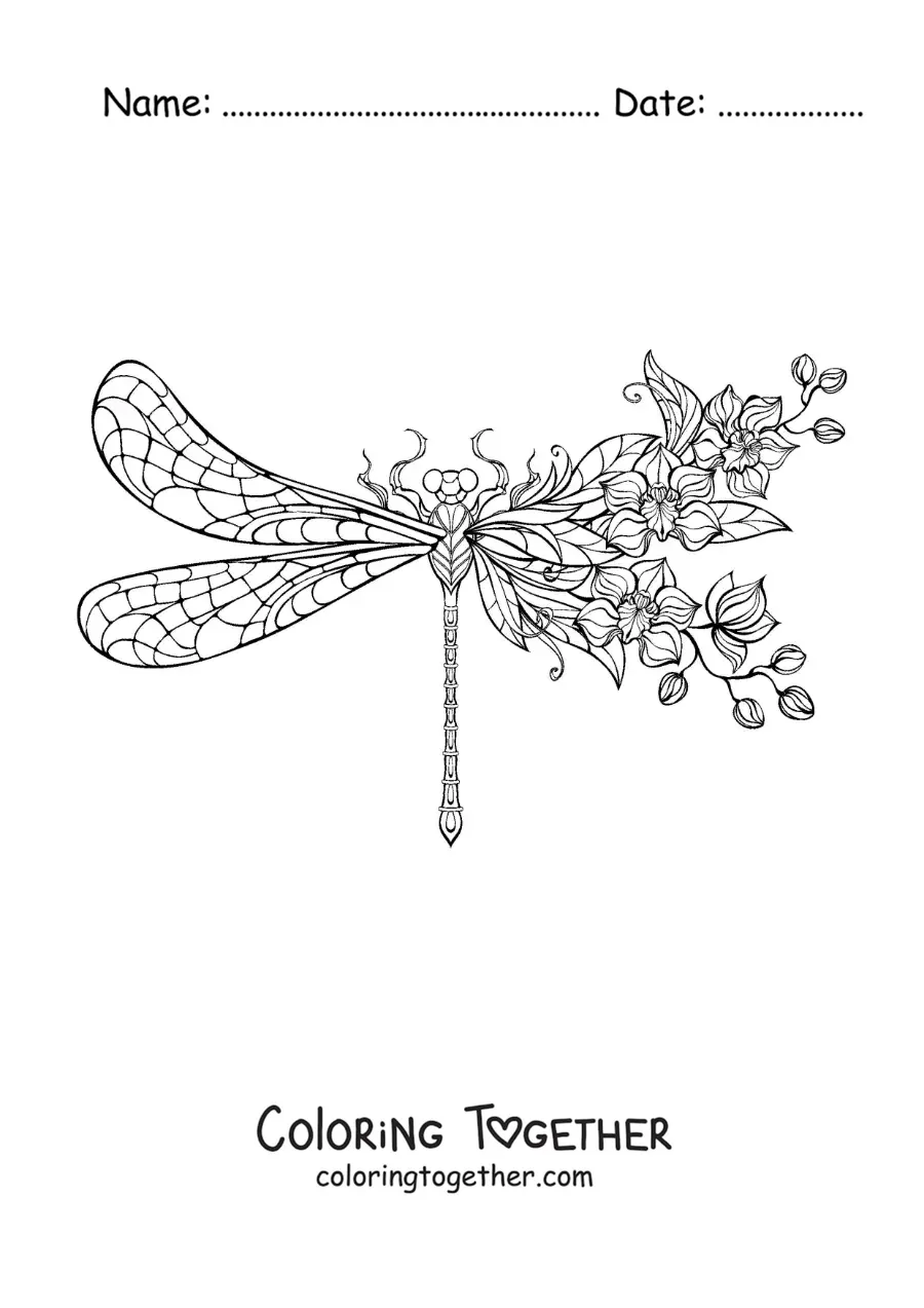 Coloring page of a beautiful dragonfly with flowers
