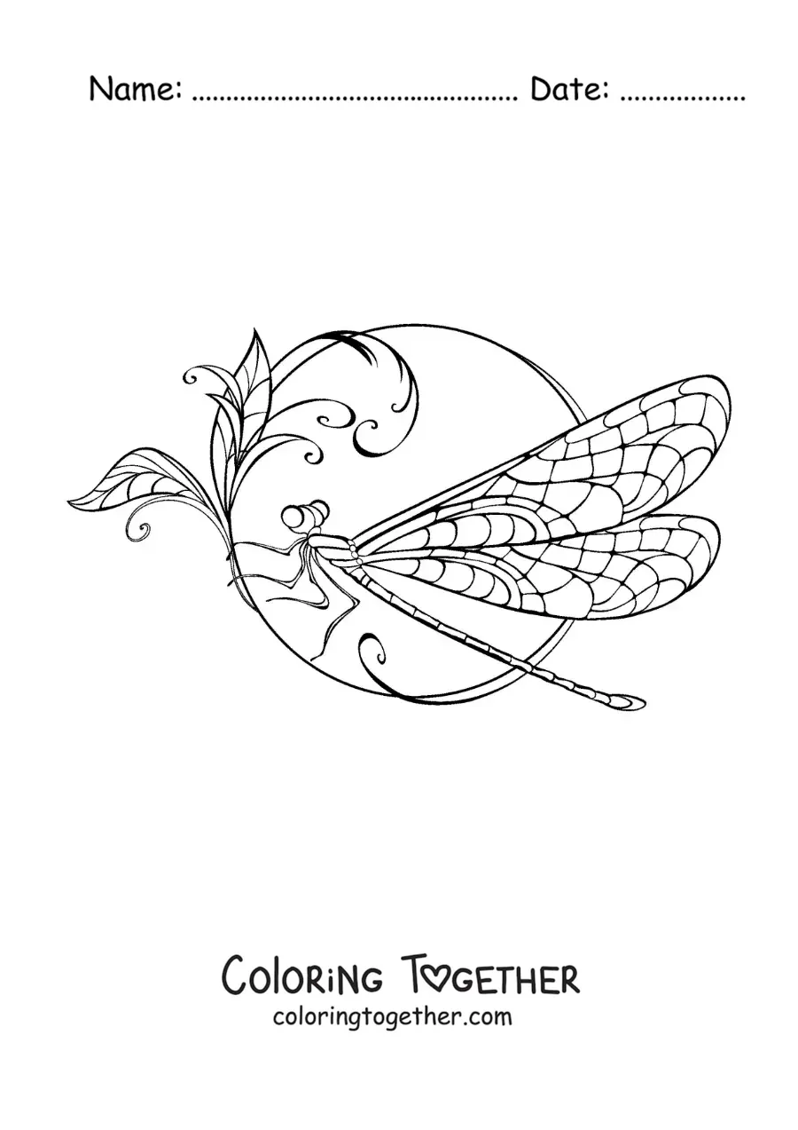 Coloring page of a beautiful dragonfly on a flower