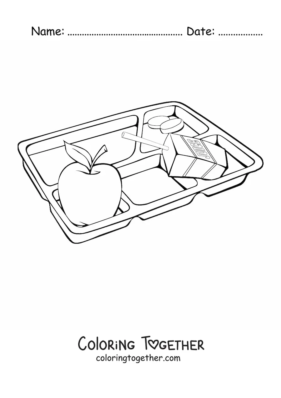 Coloring page of a school lunch tray with an apple and a juice box