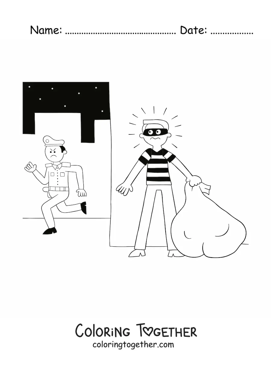 Coloring page of a police officer chasing a thief at night