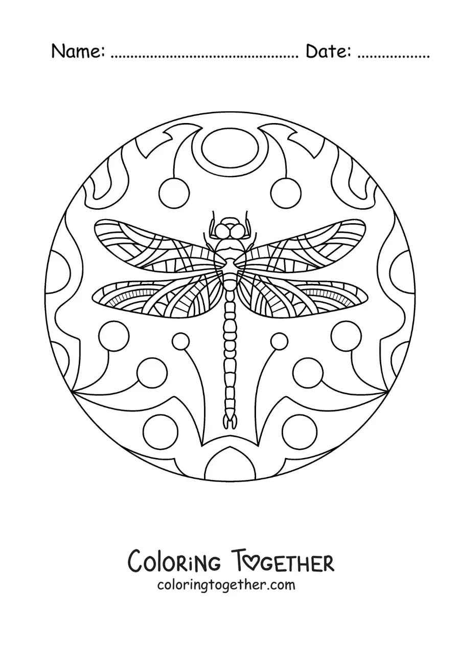 Coloring page of a dragonfly mandala