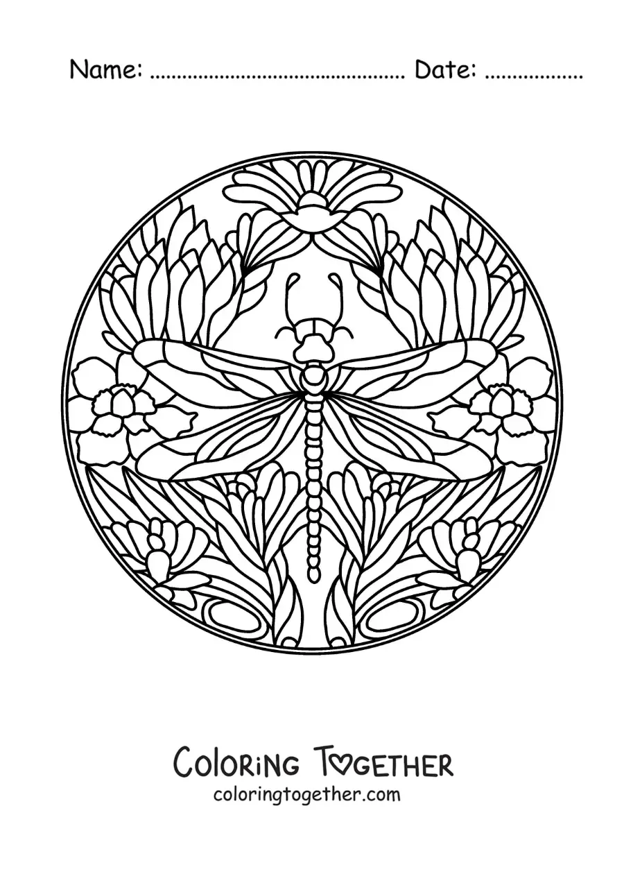 Coloring page of a dragonfly mandala with flowers