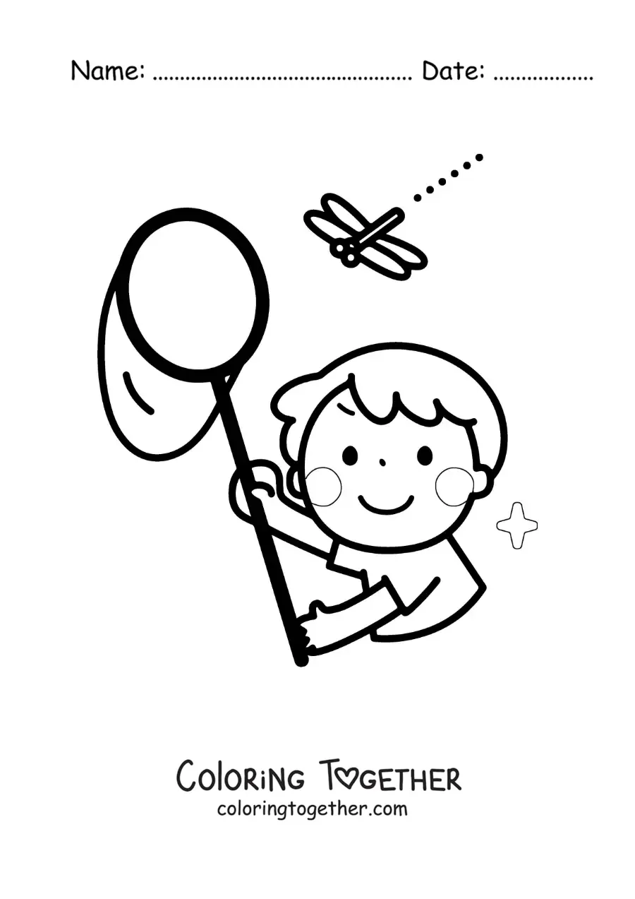 Coloring page of a boy catching a dragonfly with a net