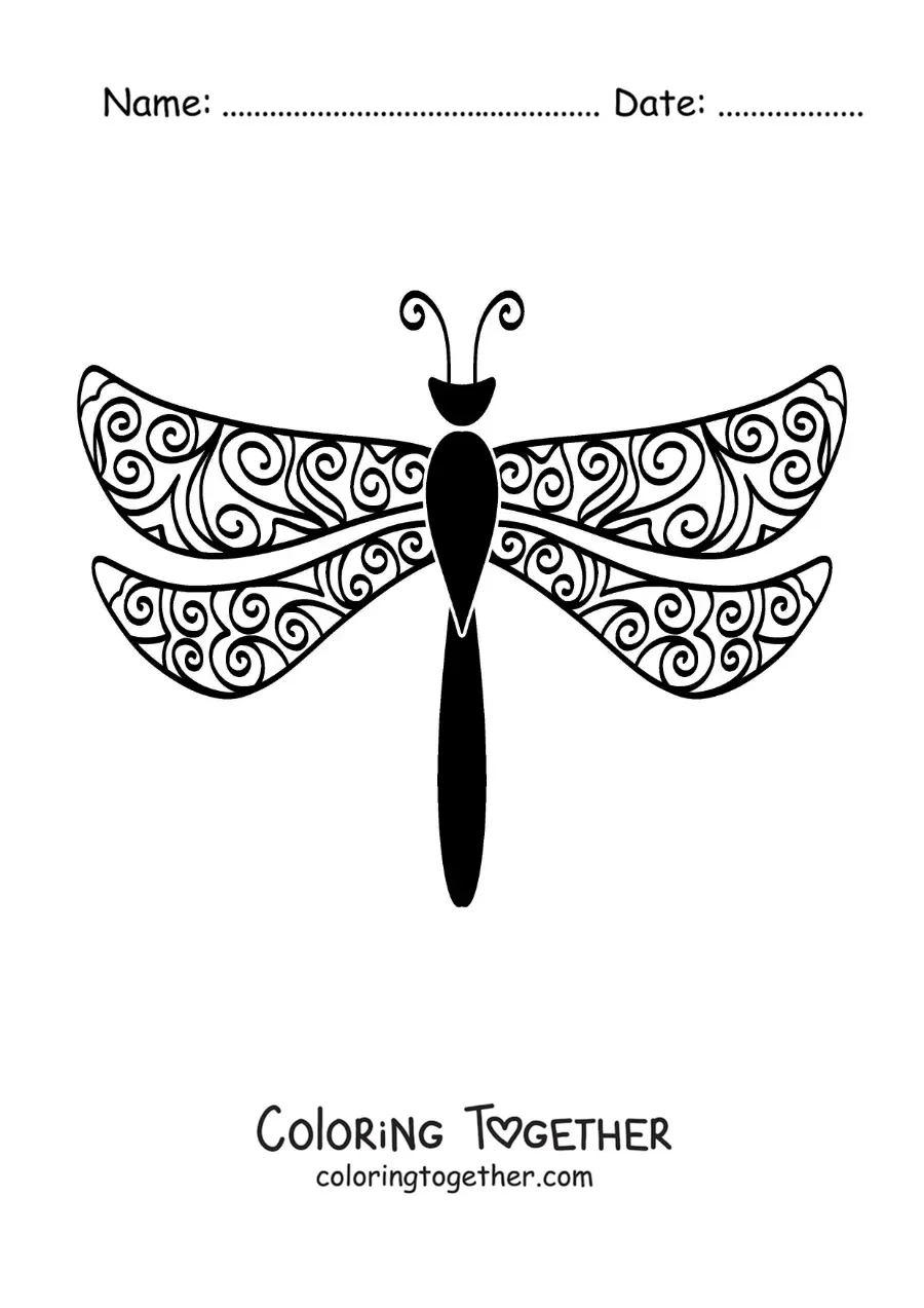 Coloring page of a dragonfly mandala