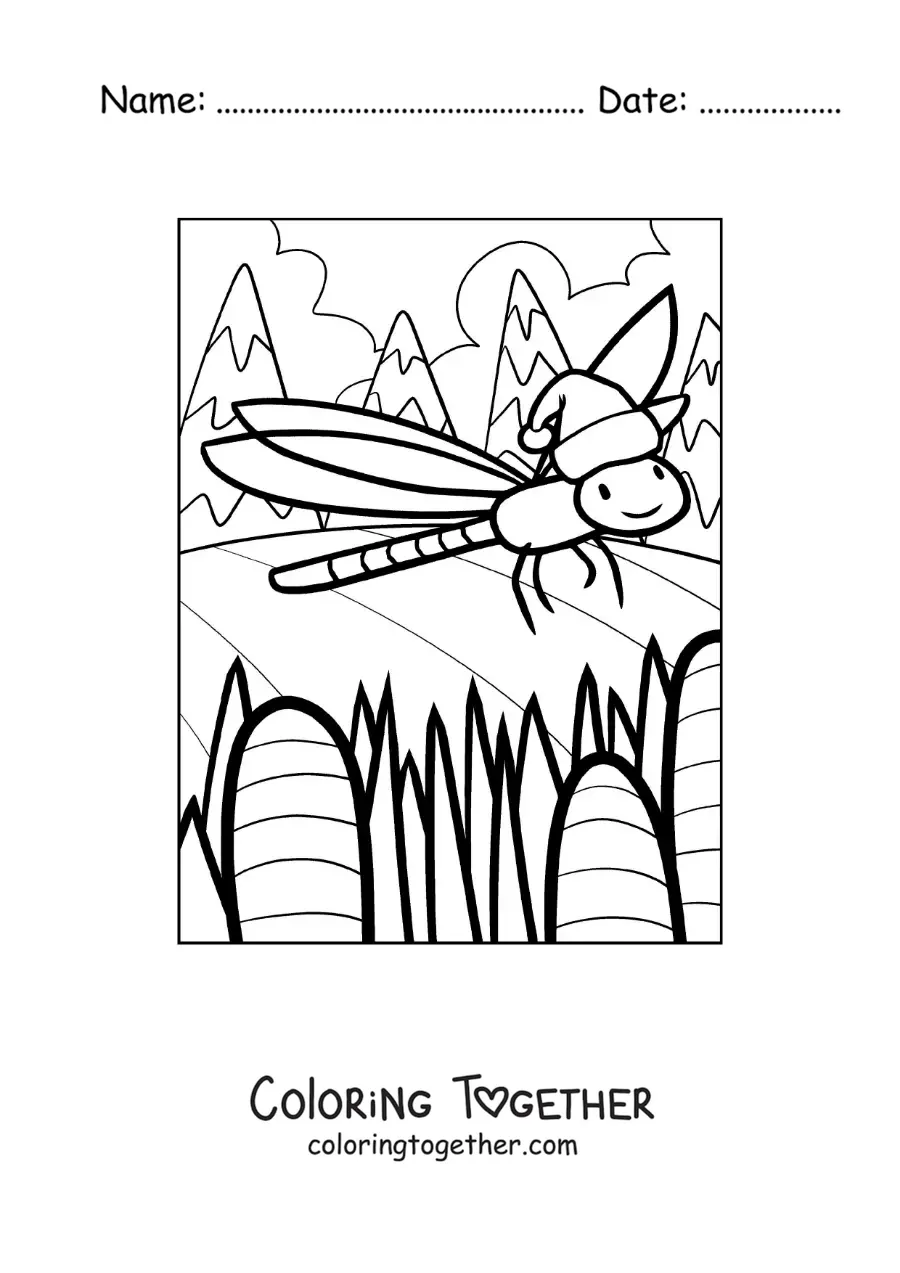 Coloring page of a cartoon dragonfly with a Christmas hat