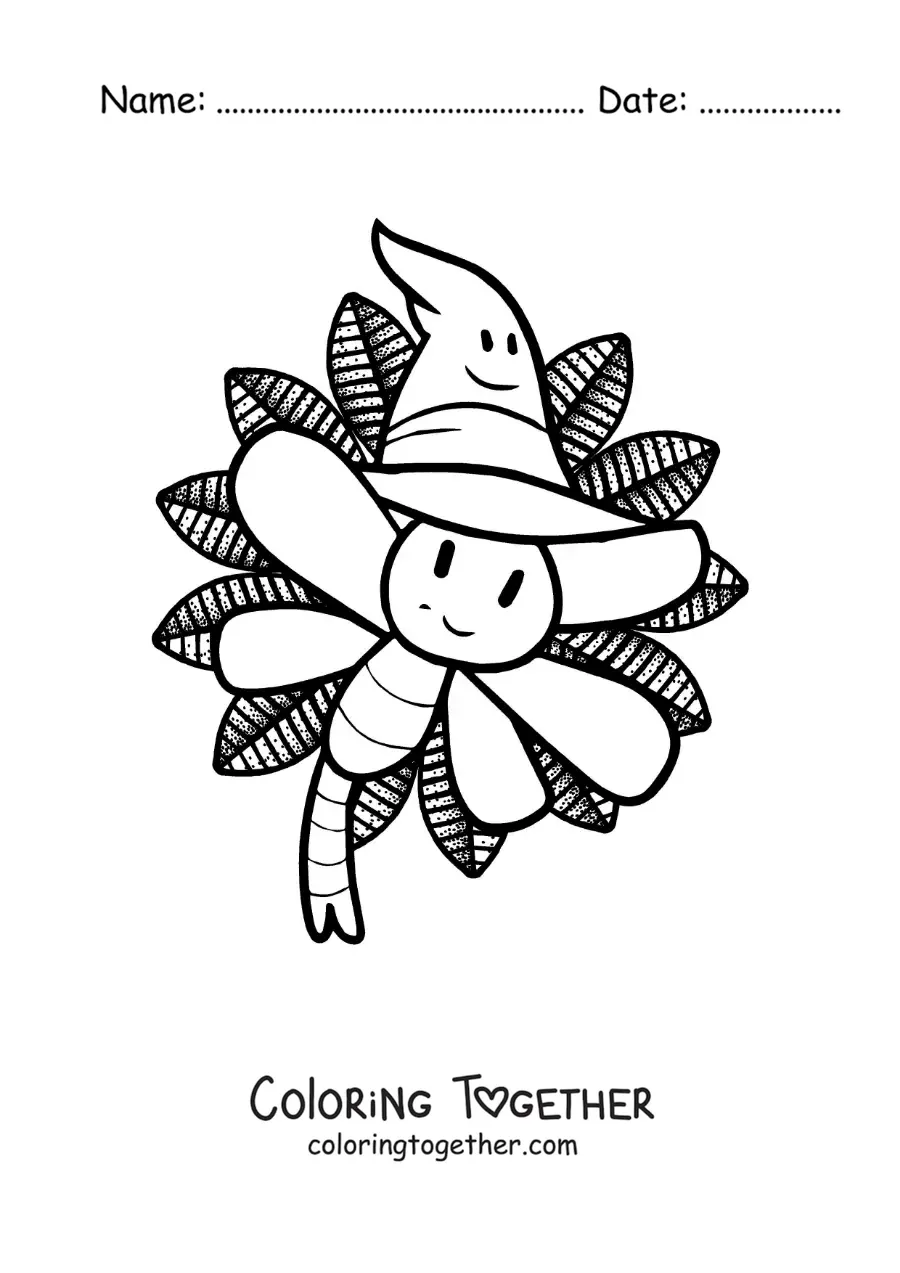 Coloring page of a cartoon dragonfly with a Halloween hat