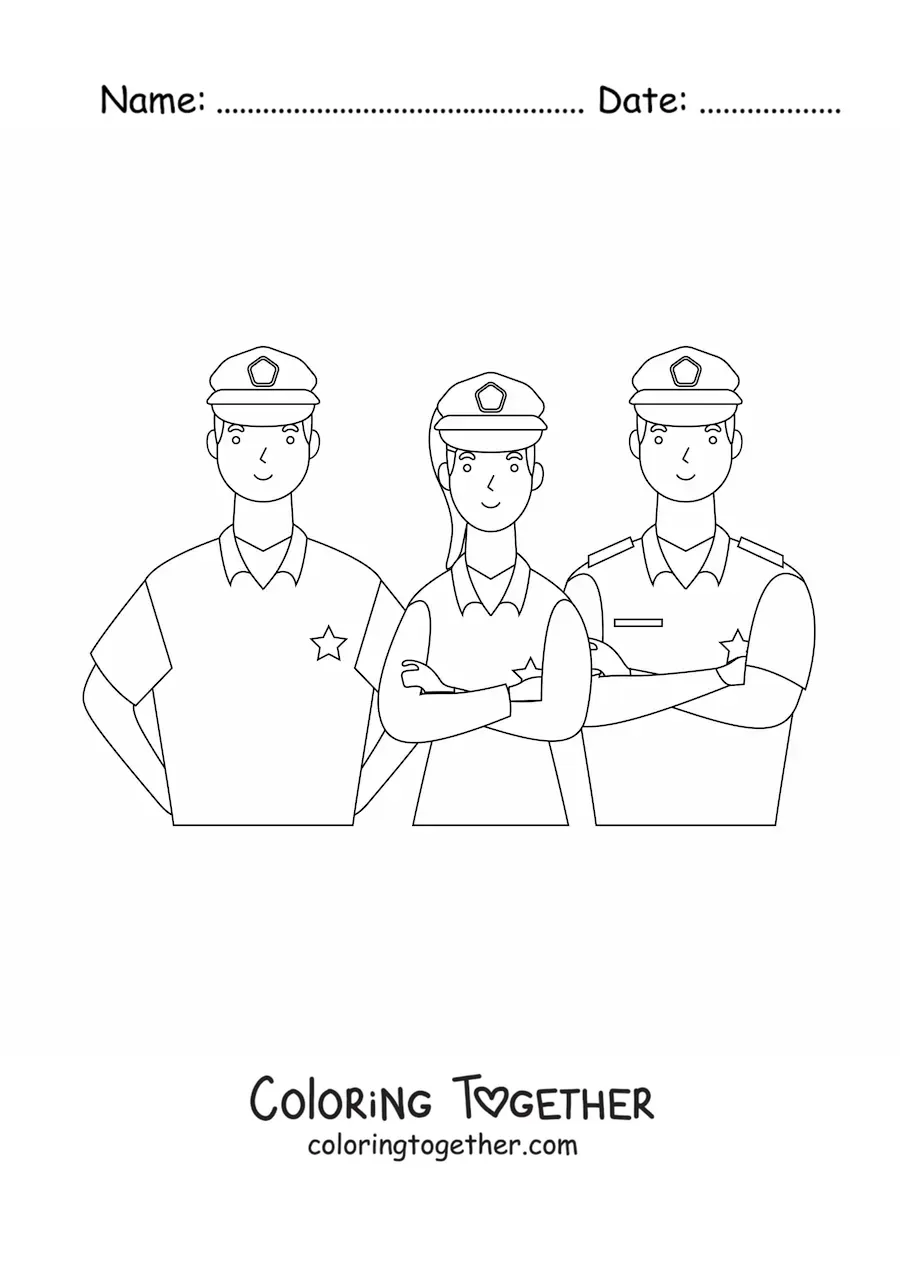 Coloring page of three police officers looking ahead