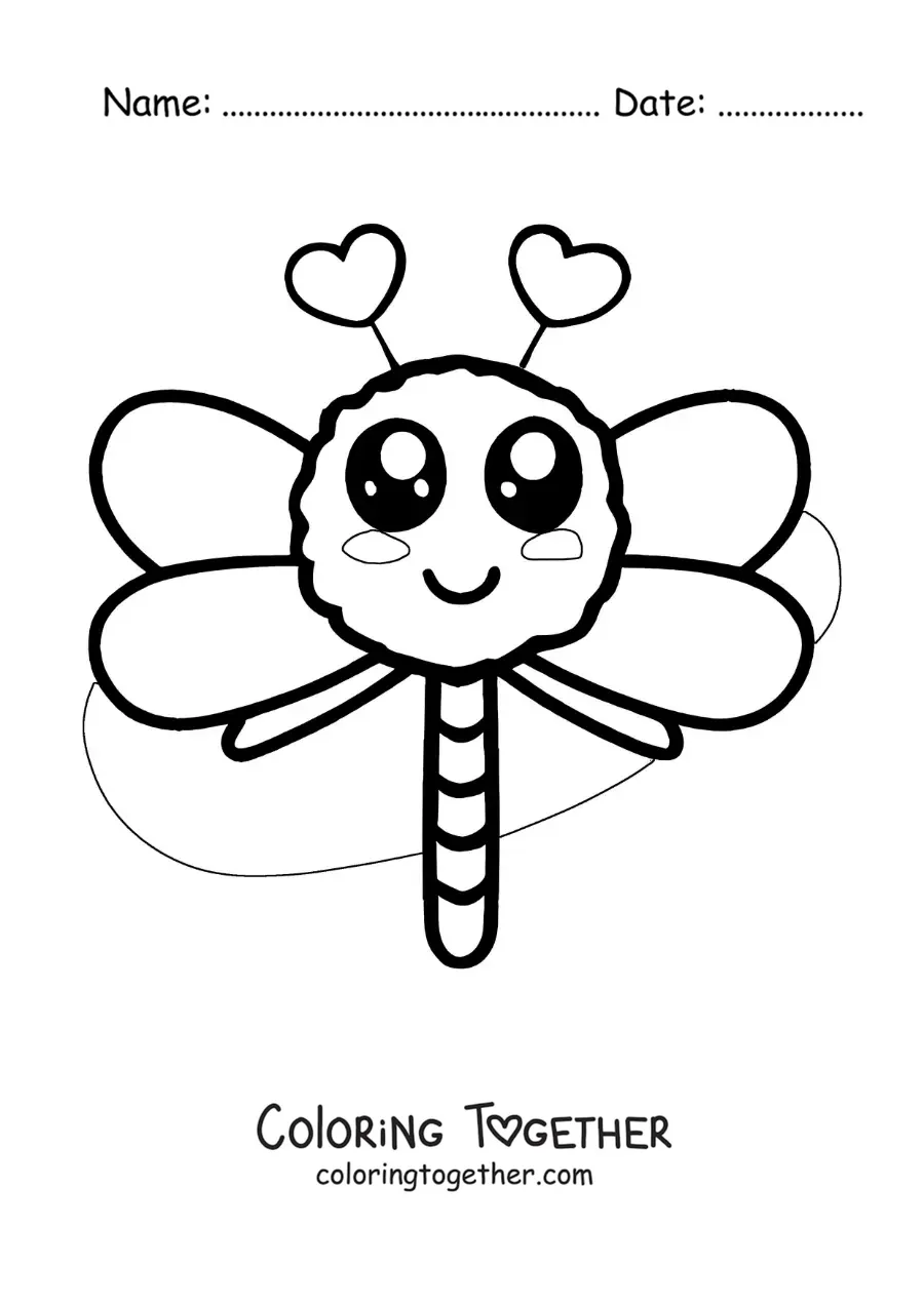 Coloring page of a kawaii dragonfly with hearts