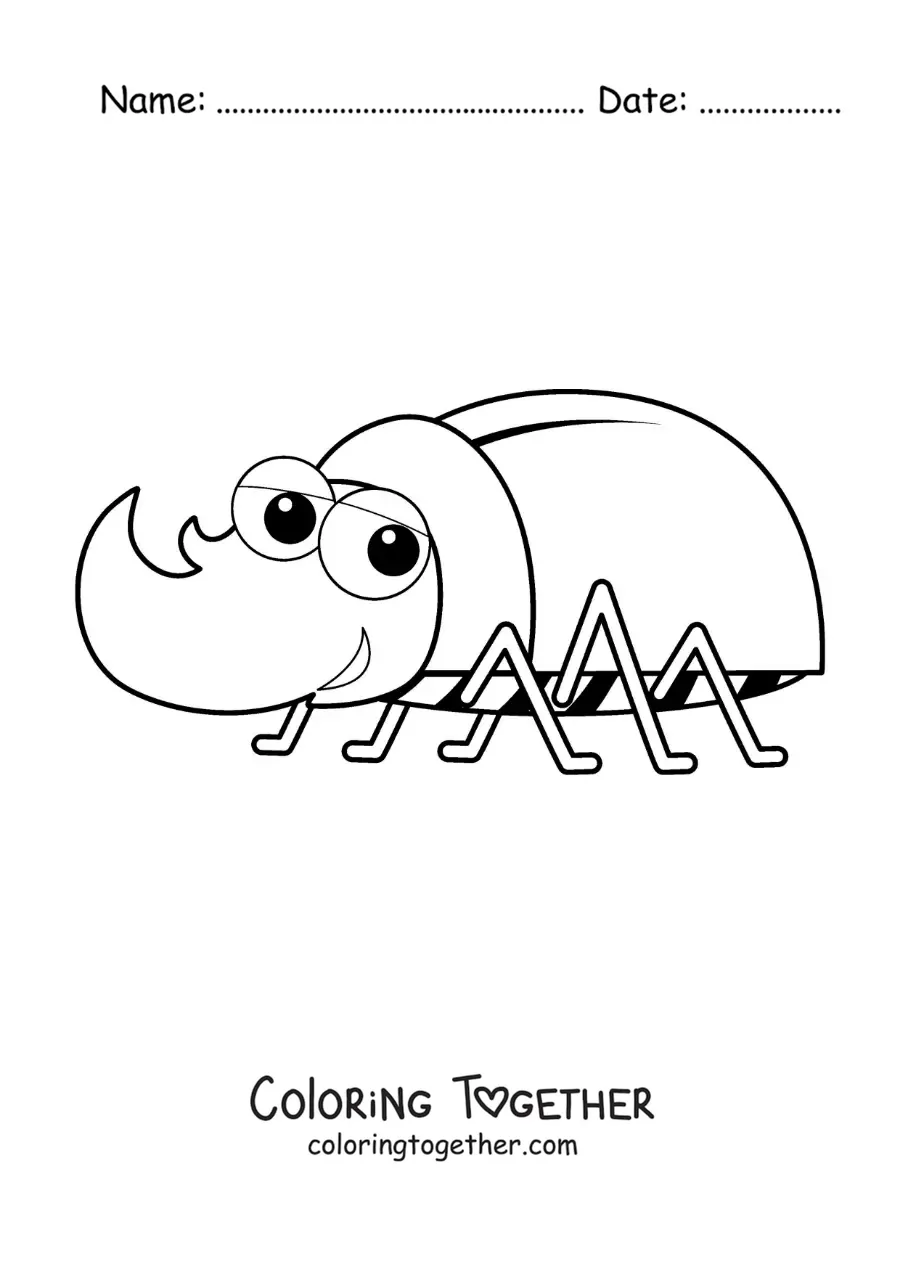 Coloring page of a cartoon rhinoceros beetle for kids