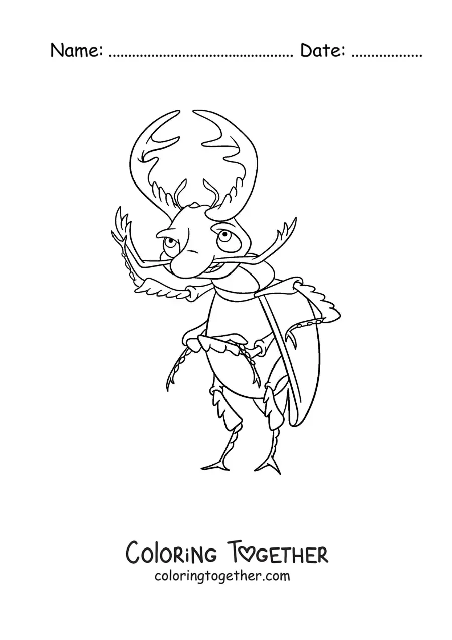 Coloring page of an angry cartoon stag beetle