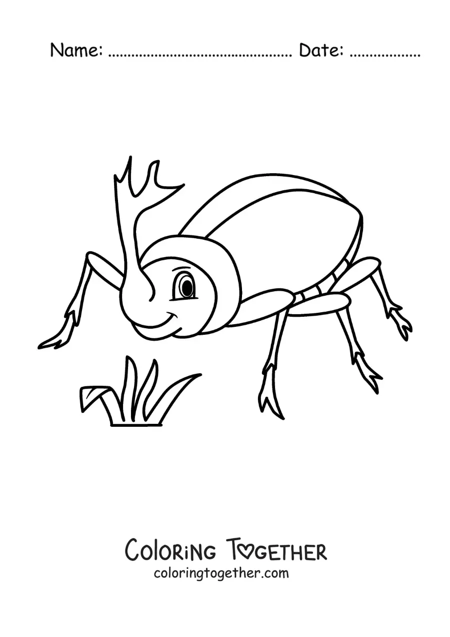 Coloring page of a cartoon rhinoceros beetle