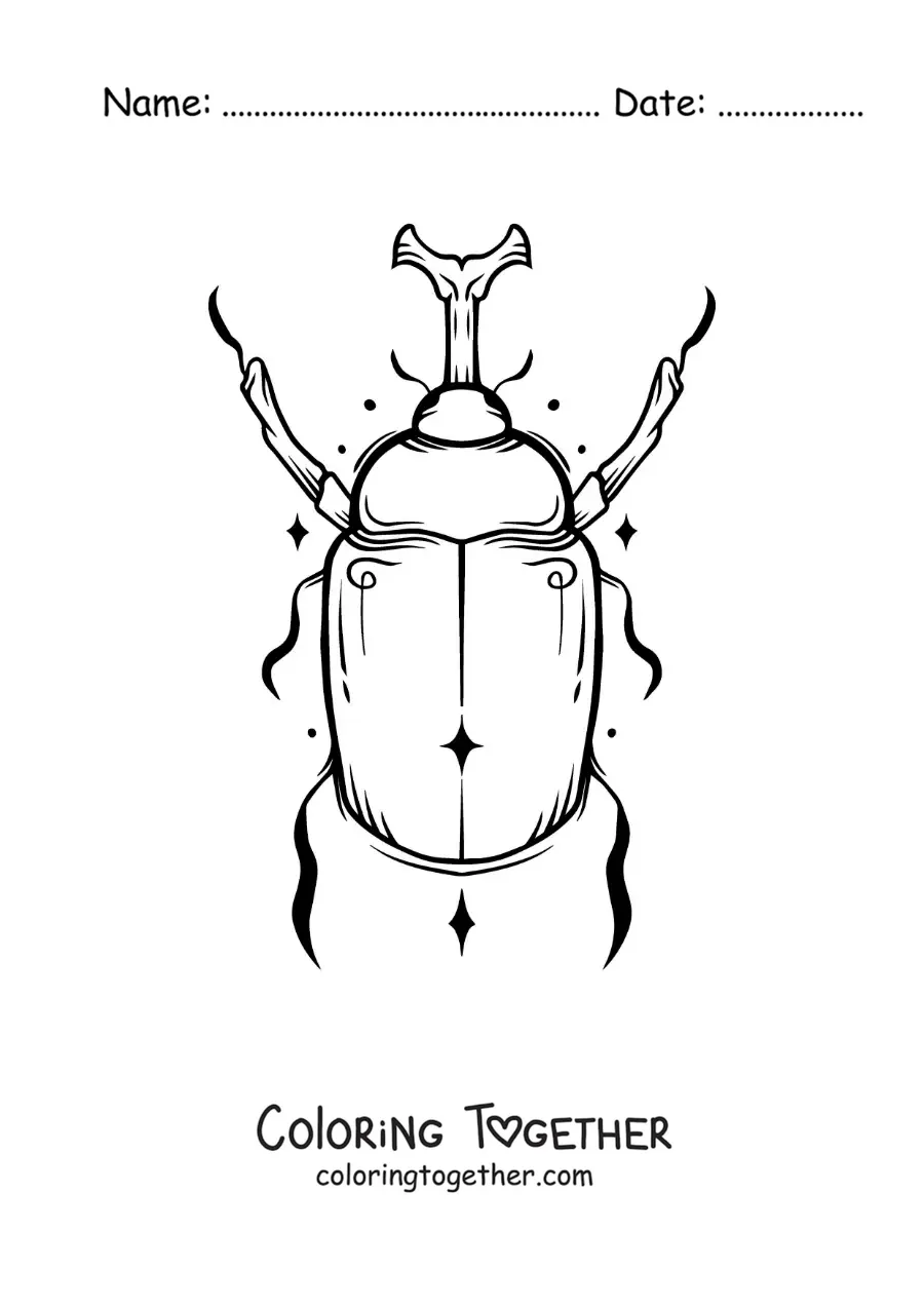 Coloring page of a realistic rhinoceros beetle