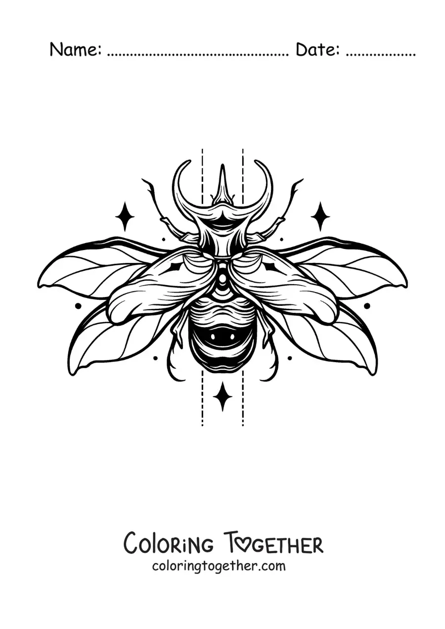 Coloring page of a beetle flying