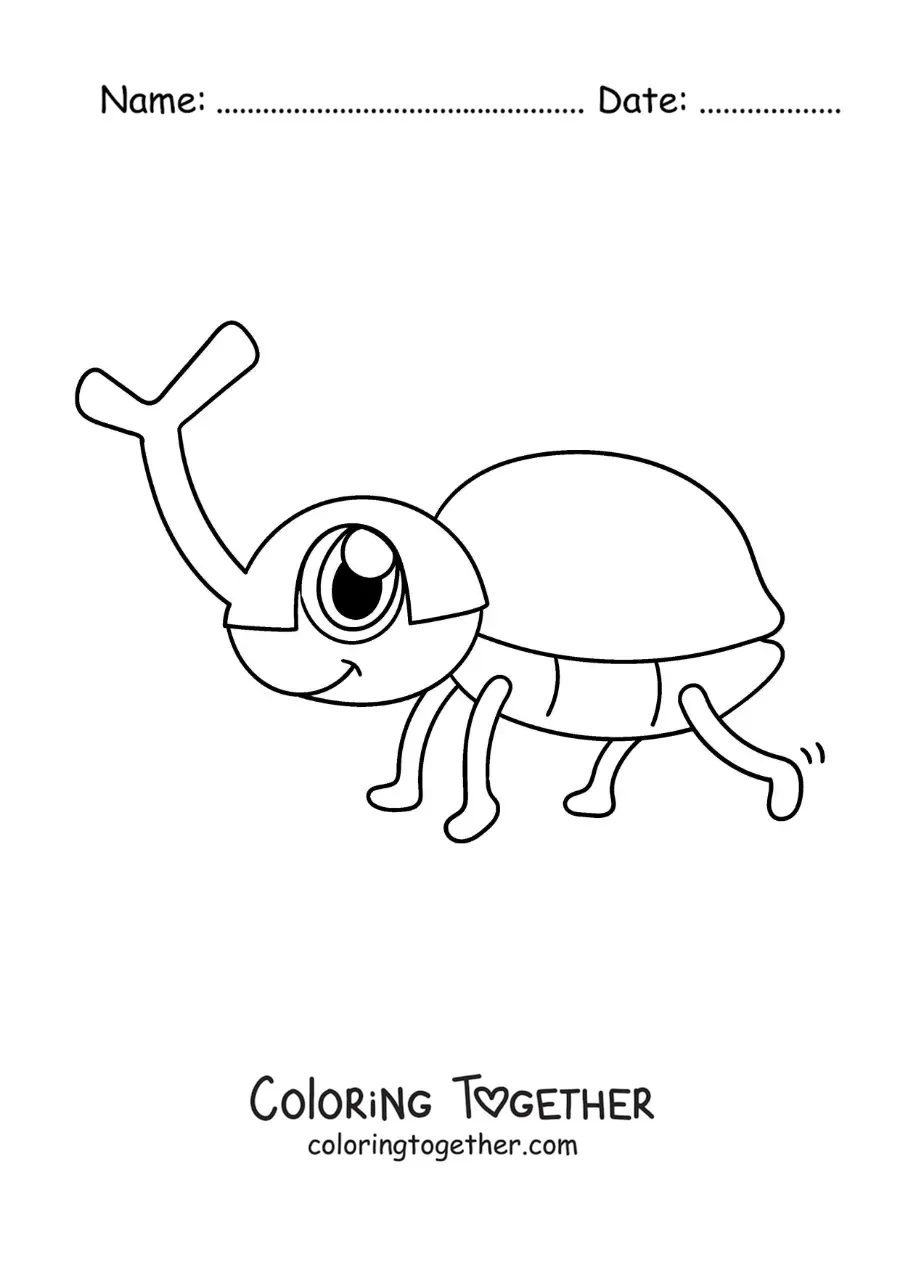 Coloring page of a kawaii cartoon rhinoceros beetle