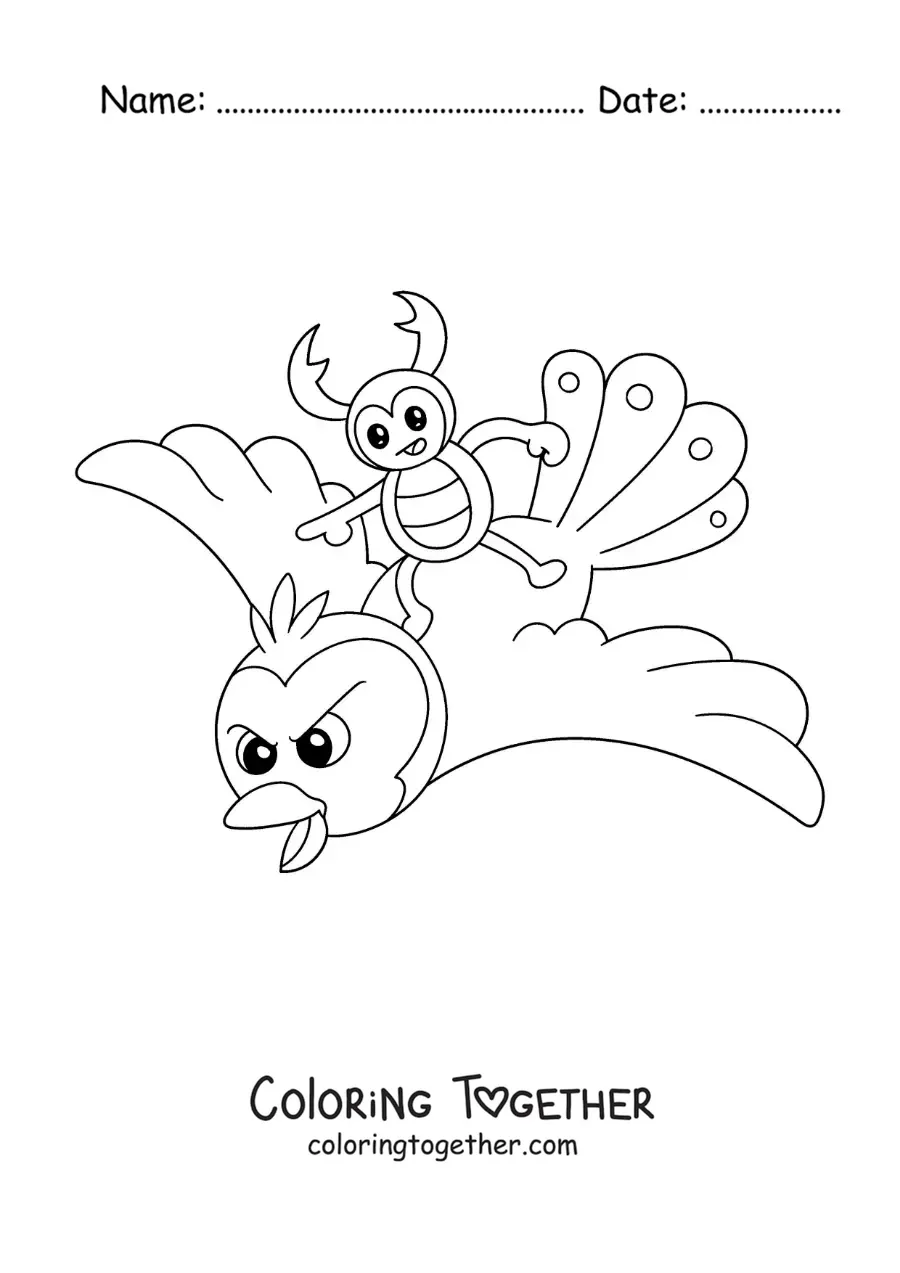 Coloring page of a cartoon stag beetle flying on a bird