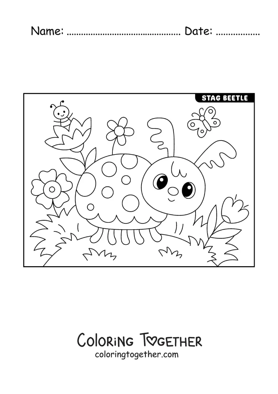 Coloring page of a cartoon stag beetle in a garden with flowers