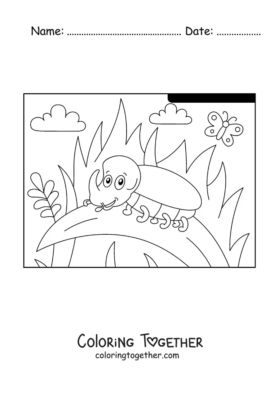 Coloring page of a cartoon rhinoceros beetle in a garden
