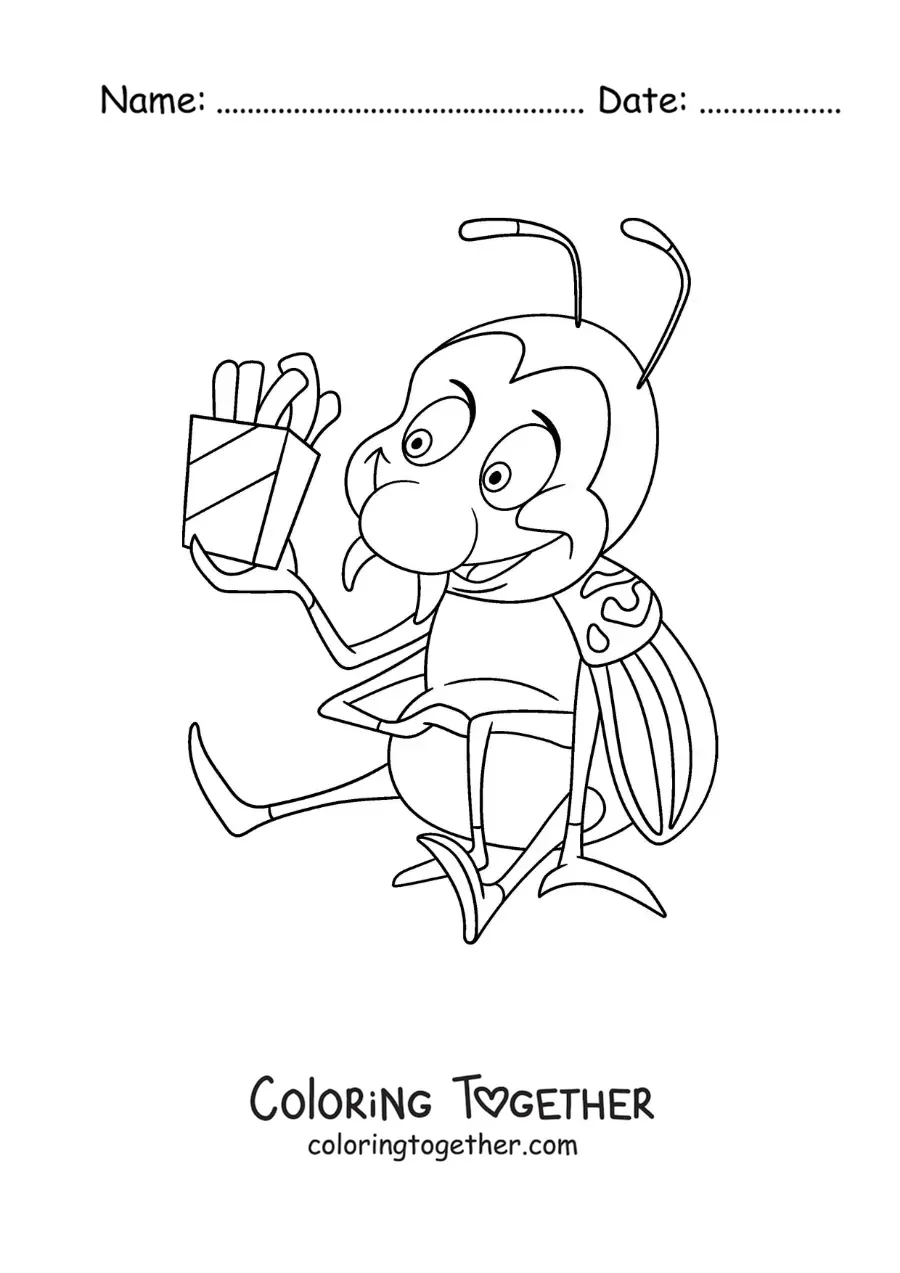 Coloring page of a cartoon potato beetle eating potatoes