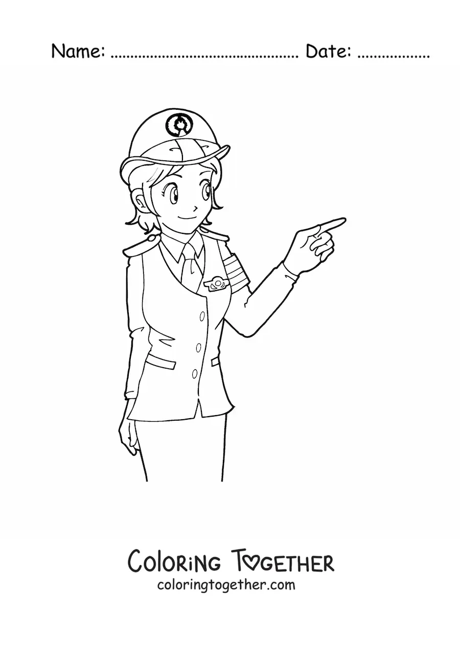 Coloring page of a cartoon female police officer